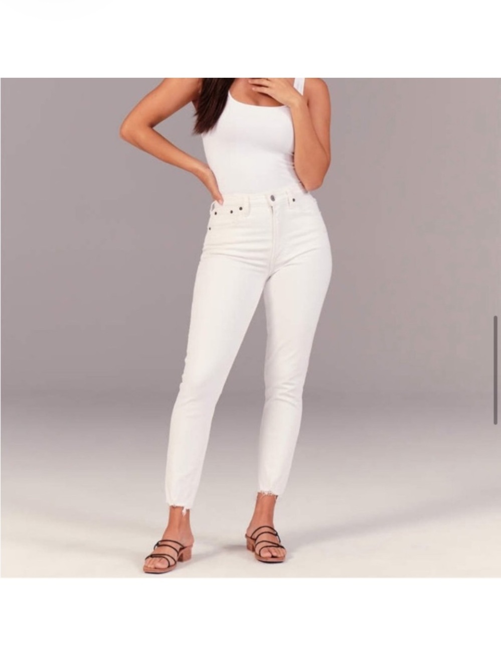 A&F The Skinny High Rise Raw Hem Raw Waist Edge White Denim Jean